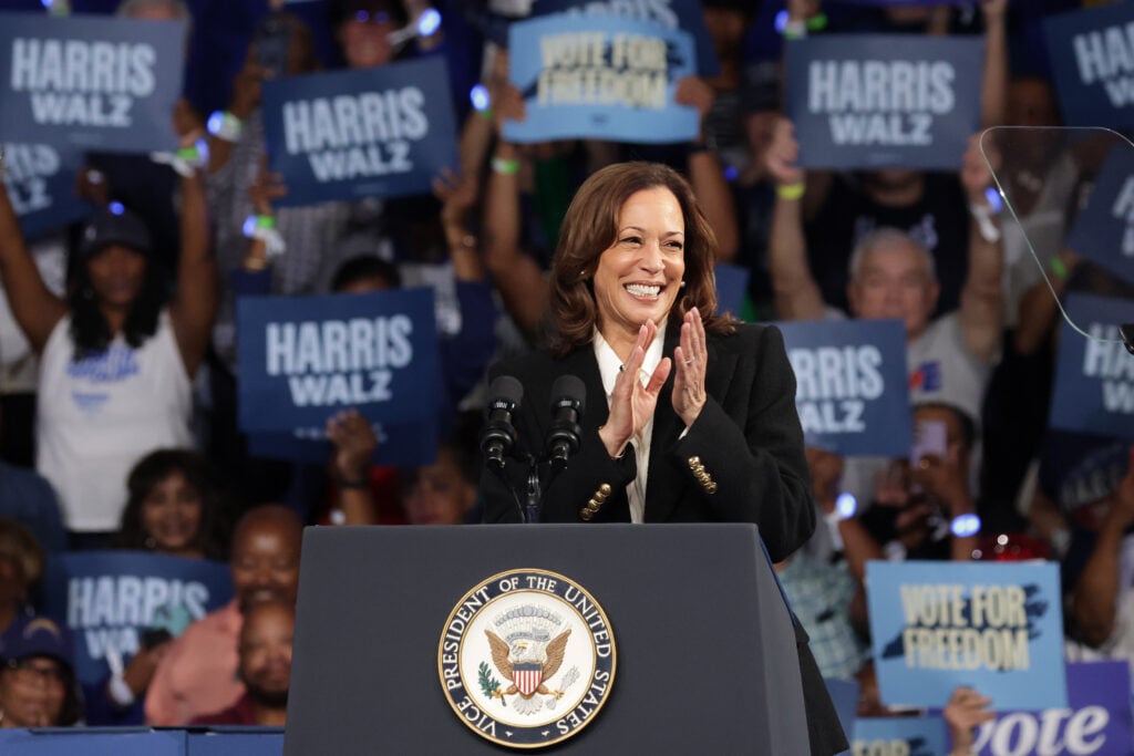 Vice President Kamala Harris speaks in North Carolina on October 13, 2024, one of her appearances in the Tarheel State following the devastation of Hurricane Helene.