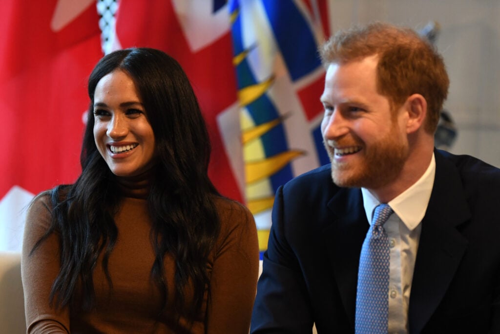 Prince Harry, Duke of Sussex and Meghan, Duchess of Sussex smile during their visit to Canada House in thanks for the warm Canadian hospitality and support they received during their recent stay in Canada, on January 7, 2020 in London, England.