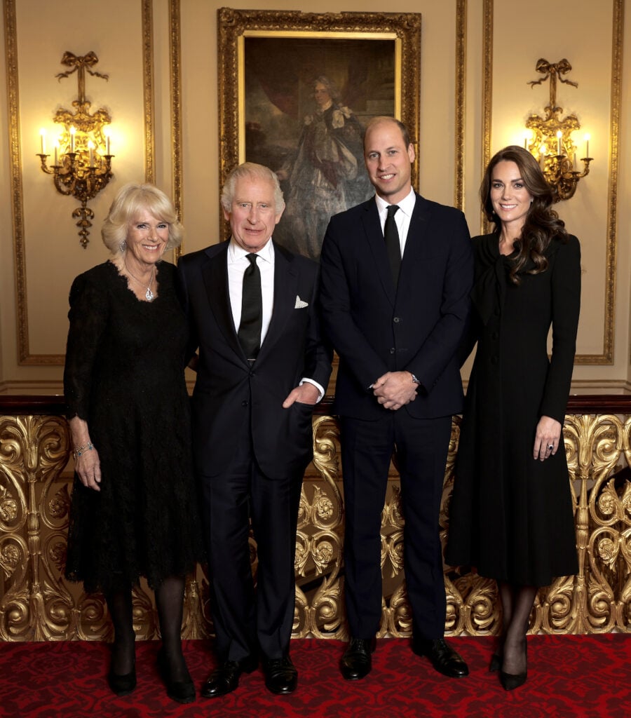 Camilla, Queen Consort, King Charles III, Prince William, Prince of Wales and Catherine, Princess of Wales pose for a photo ahead of their Majesties the King and the Queen Consortâs reception for Heads of State and Official Overseas Guests at Buckingham Palace on September 18, 2022 in London, England.