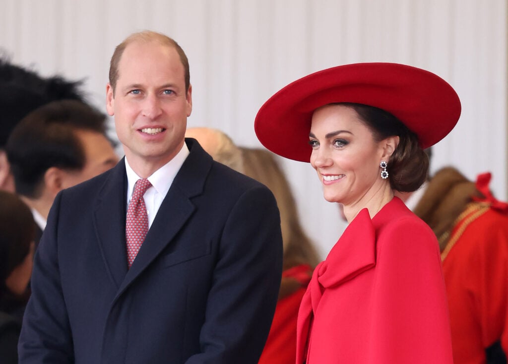 Prince William, Prince of Wales and Catherine, Princess of Wales attend a ceremonial welcome for The President and the First Lady of the Republic of Korea at Horse Guards Parade on November 21, 2023 in London, England. 