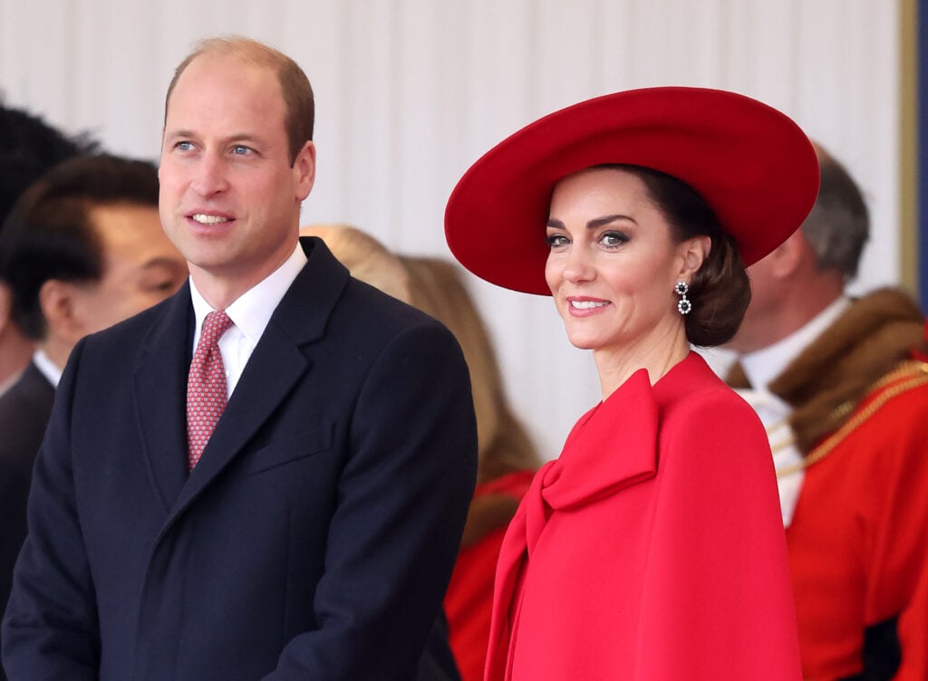 Prince William, Prince of Wales and Catherine, Princess of Wales attend a ceremonial welcome for The President and the First Lady of the Republic of Korea at Horse Guards Parade on November 21, 2023 in London, England.