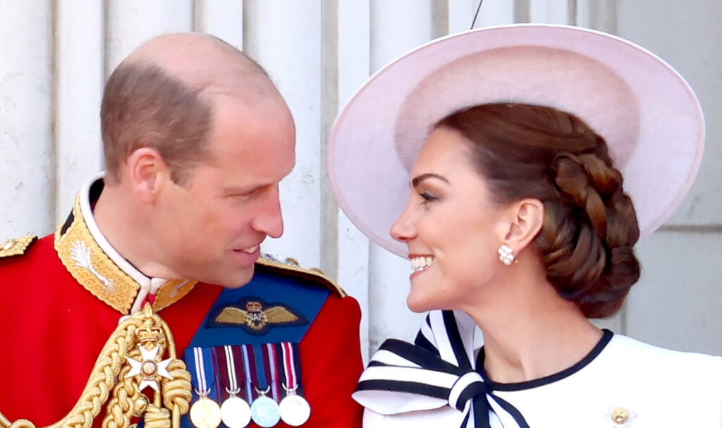 Prince William, Prince of Wales and Catherine, Princess of Wales on the balcony during Trooping the Colour at Buckingham Palace on June 15, 2024 in London, England. 