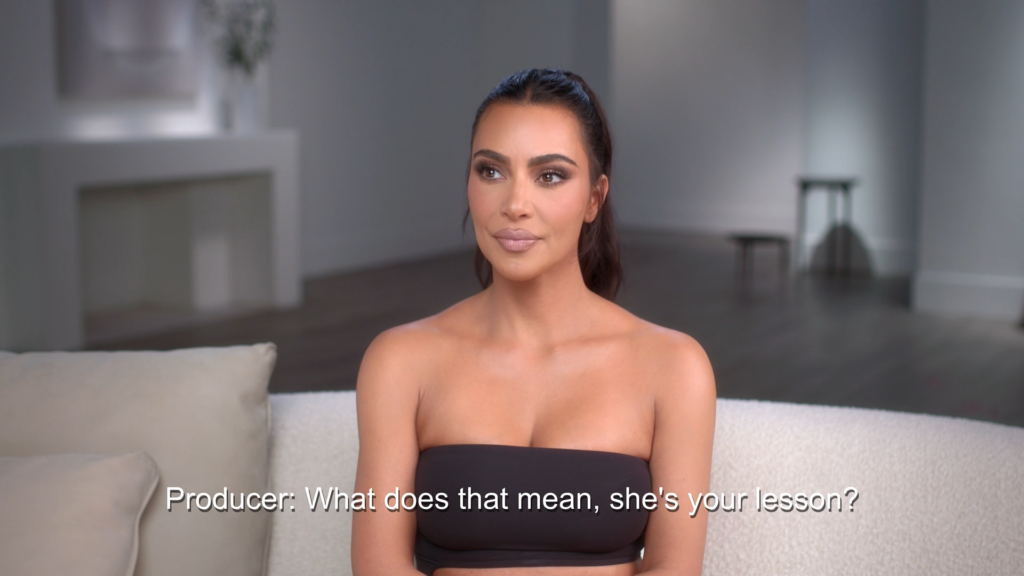 Kim Kardashian on The Kardashians getting asked why she refers to someone as her "lesson."