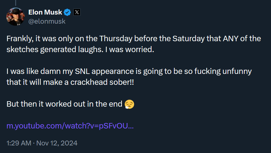 A dark mode screenshot of Elon Musk's tweet on Tuesday, November 12, 2024.