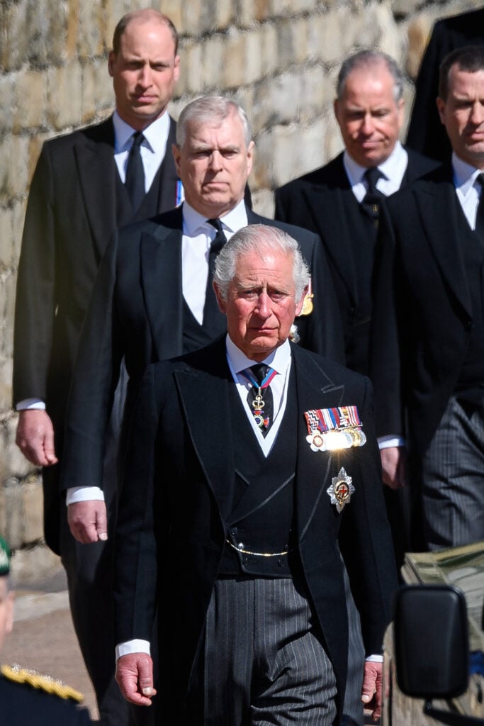 Prince William, Duke of Cambridge, Prince Andrew, Duke of York , Prince Charles, Prince of Wales during the funeral of Prince Philip, Duke of Edinburgh at Windsor Castle on April 17, 2021 in Windsor, England. Prince Philip of Greece and Denmark was born 10 June 1921, in Greece.  