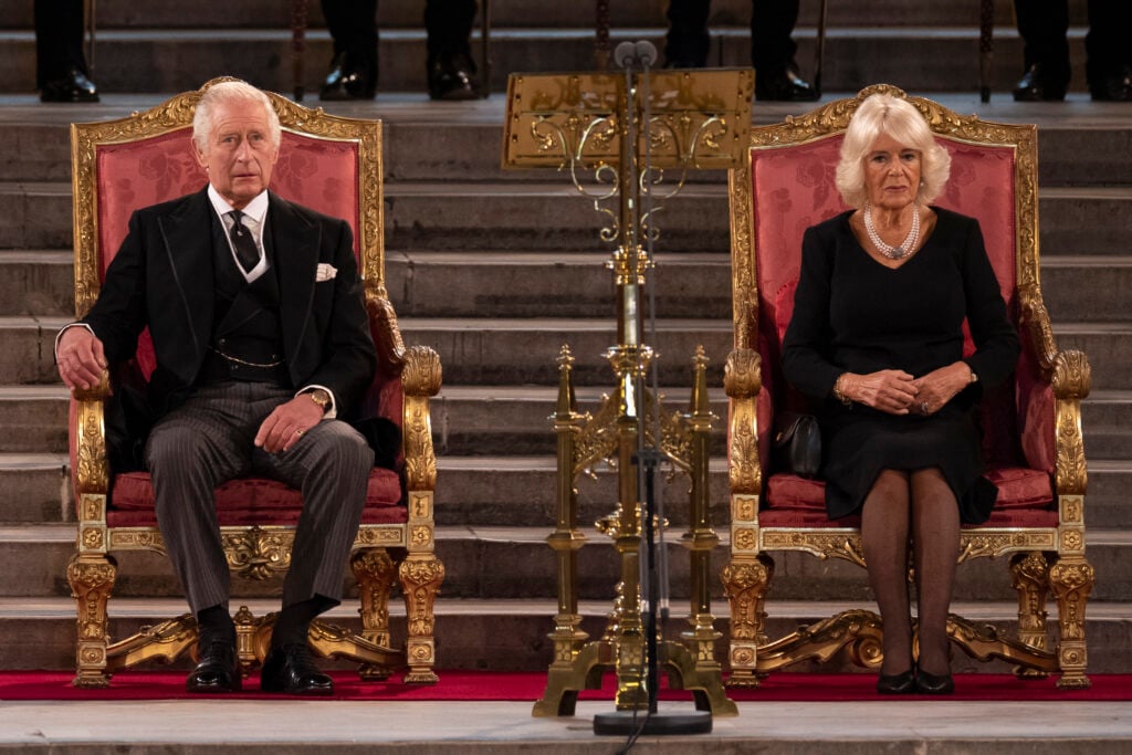 King Charles III and Camilla, Queen Consort take part in an address in Westminster Hall on September 12, 2022 in London, England.