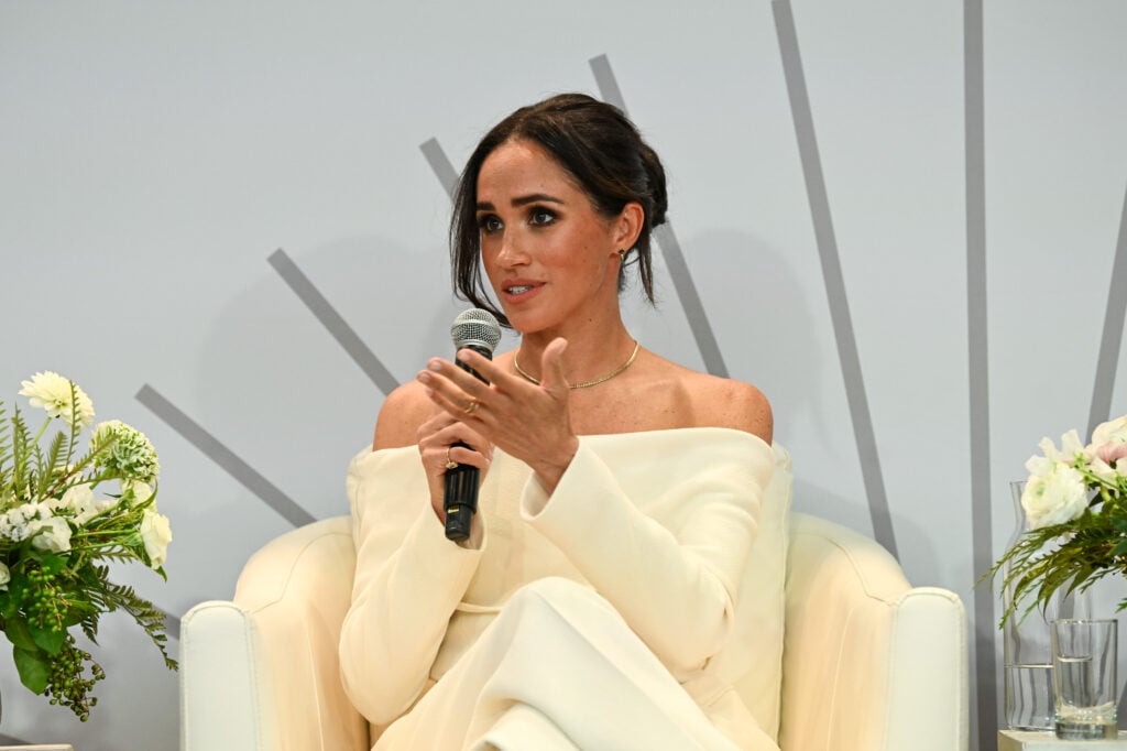 Meghan, Duchess of Sussex speaks onstage at The Archewell Foundation Parentsâ Summit: Mental Wellness in the Digital Age during Project Healthy Minds' World Mental Health Day Festival 2023 at Hudson Yards on October 10, 2023 in New York City. 