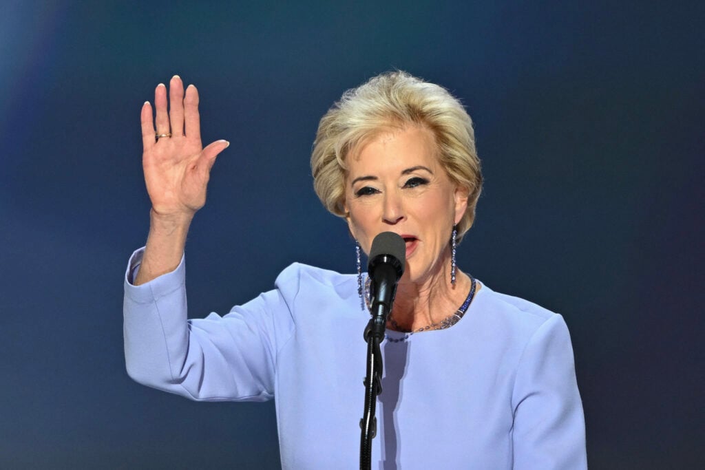 Former administrator of the Small Business Administration Linda McMahon speaks during the last day of the 2024 Republican National Convention at the Fiserv Forum in Milwaukee, Wisconsin, on July 18, 2024.