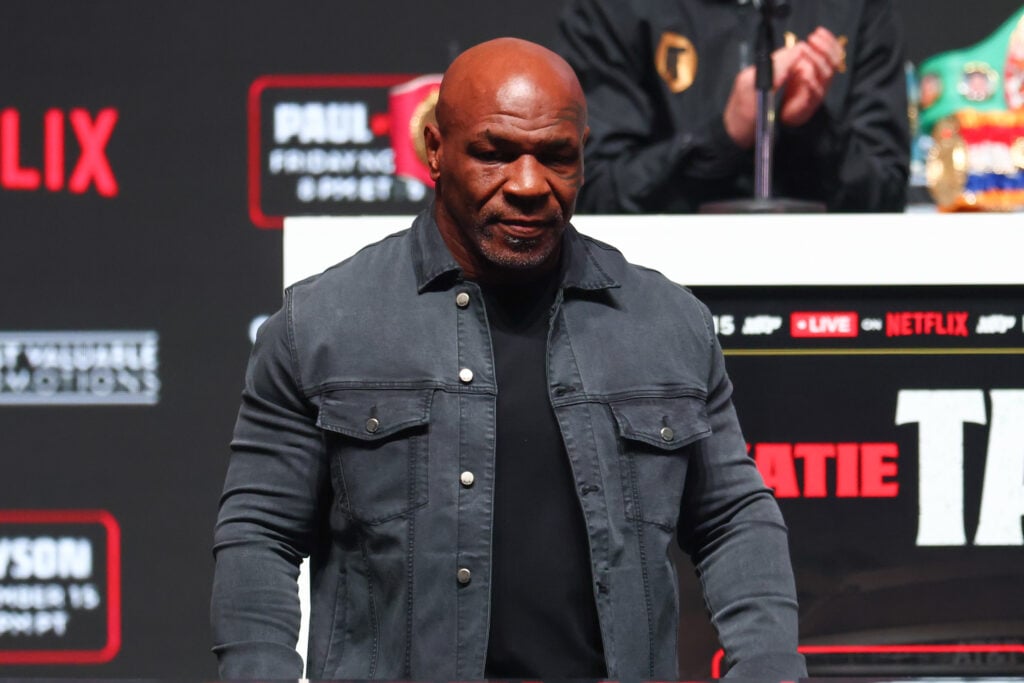 Mike Tyson speaks at the final press conference for his upcoming heavyweight fight against Jake Paul at Toyota Music Factory on November 13, 2024 in Irving, Texas.