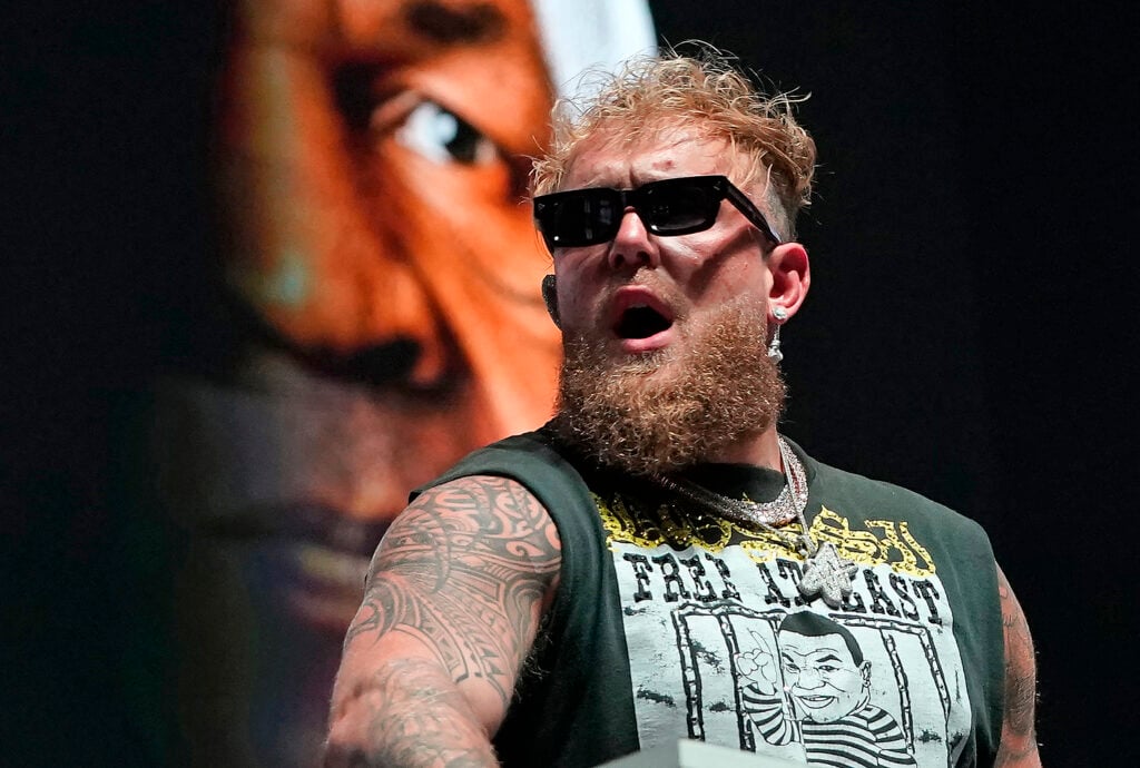 US boxer-actor Jake Paul gestures during a press conference ahead of his heavyweight bout against US boxer Mike Tyson, at The Pavilion at Toyota Music Factory in Irving, Texas on November 13, 2024.