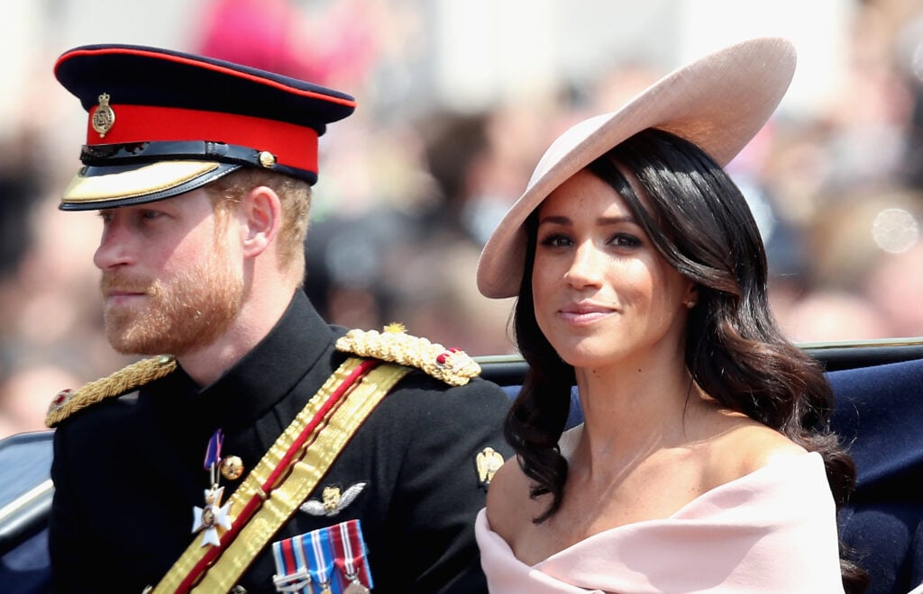 Meghan, Duchess of Sussex and Prince Harry, Duke of Sussex during Trooping The Colour on the Mall on June 9, 2018 in London, England.  .