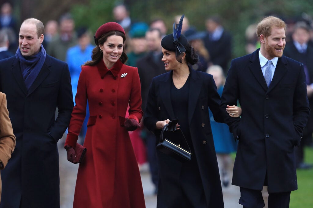 Prince William, Duke of Cambridge, Catherine, Duchess of Cambridge, Meghan, Duchess of Sussex and Prince Harry, Duke of Sussex arrive to attend Christmas Day Church service at Church of St Mary Magdalene on the Sandringham estate on December 25, 2018 in King's Lynn, England.