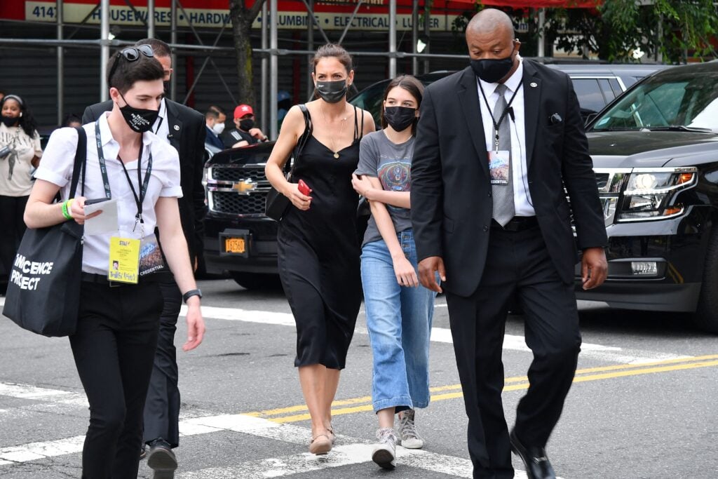 Katie Holmes and daughter Suri Cruise arrive the opening night premiere of "In The Heights" during the Tribeca Festival at the United Palace Theatre on June 9, 2021 in New York City. 