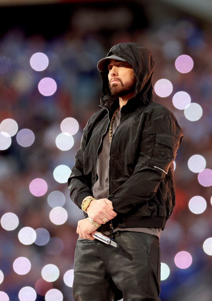 Eminem performs during the Pepsi Super Bowl LVI Halftime Show at SoFi Stadium on February 13, 2022 in Inglewood, California.