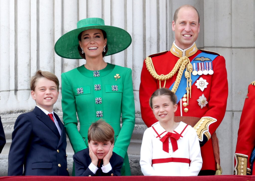 Prince William, Prince of Wales, Prince Louis of Wales, Catherine, Princess of Wales , Princess Charlotte of Wales and Prince George of Wales on the Buckingham Palace balcony during Trooping the Colour on June 17, 2023 in London, England.