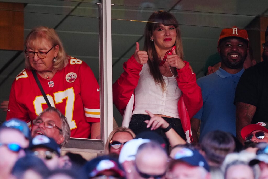 Donna Kelce and Taylor Swift are seen during the first half of a game between the Chicago Bears and the Kansas City Chiefs at GEHA Field at Arrowhead Stadium on September 24, 2023 in Kansas City, Missouri. 