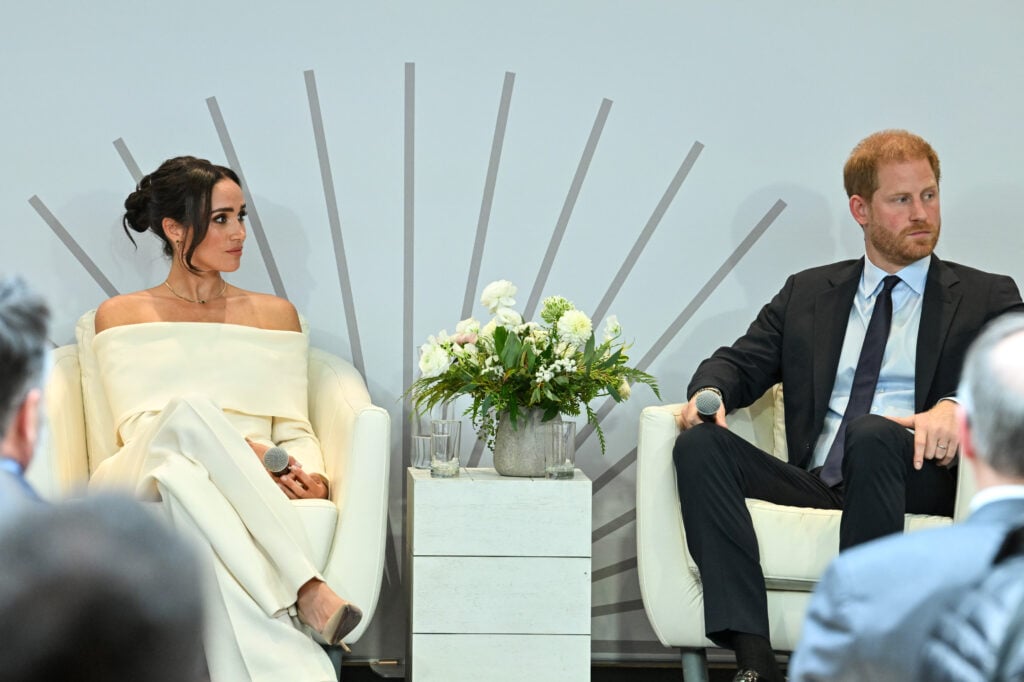 Meghan, Duchess of Sussex and Prince Harry, Duke of Sussex speak onstage at The Archewell Foundation Parentsâ Summit: Mental Wellness in the Digital Age during Project Healthy Minds' World Mental Health Day Festival 2023 at Hudson Yards on October 10, 2023 in New York City.