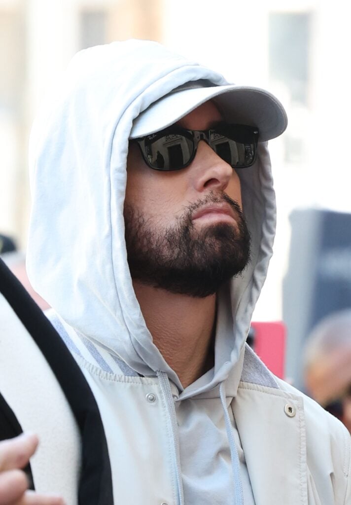 Eminem attends the Hollywood Walk of Fame Star Ceremony for Dr. Dre on March 19, 2024 in Hollywood, California.