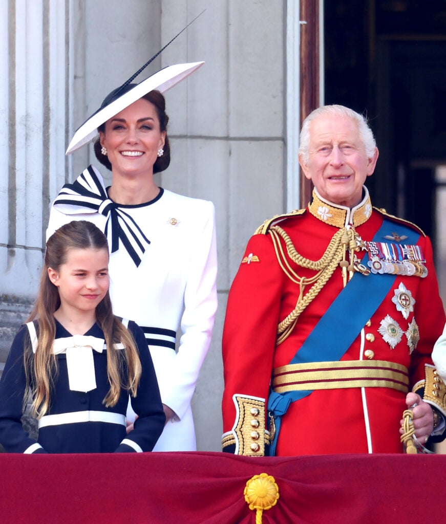 Catherine, Princess of Wales, Princess Charlotte of Wales and King Charles III on the balcony during Trooping the Colour at Buckingham Palace on June 15, 2024 in London, England. 