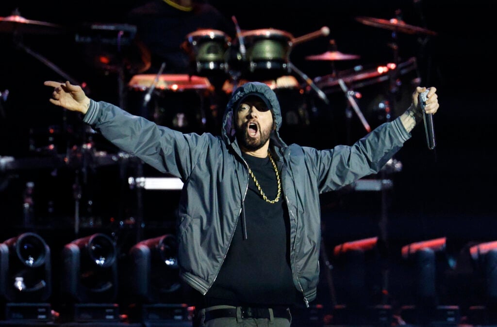 Eminem performs before the WBA junior middleweight title bout between Terence Crawford and Israel Madrimov at BMO Stadium on August 3, 2024 in Los Angeles, California.