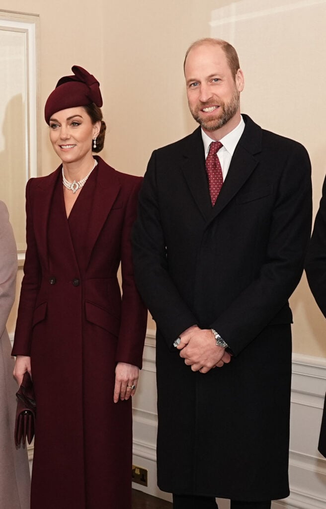 Prince William, Prince of Wales and Catherine, Princess of Wales wait to greet the Amir of Qatar Sheikh Tamim bin Hamad Al Thani and his wife  Sheikha Jawaher, as they arrive on day one of The Amir of the State of Qatar's visit to the United Kingdom on December 3, 2024 in London, England.  