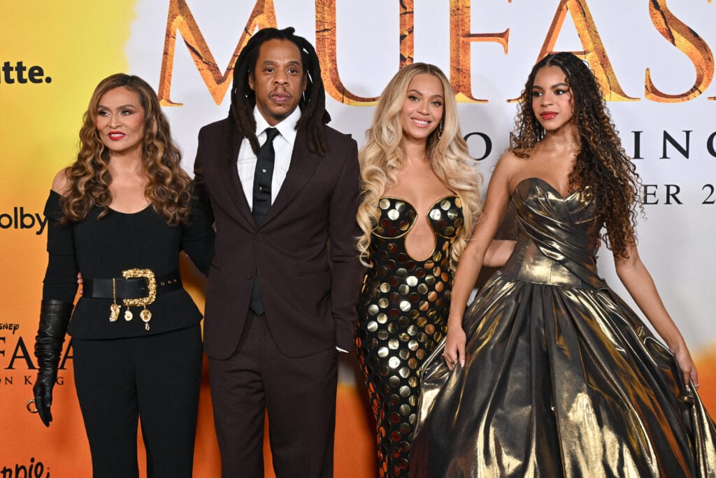 Tina Knowles, rapper Jay-Z, singer-songwriter Beyonce and their daughter Blue Ivy Carter attend the world premiere of Disney's "Mufasa: The Lion King" at the Dolby theater in Hollywood, California, December 9, 2024. 