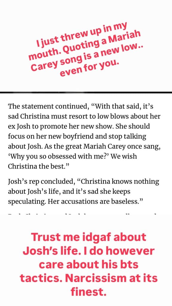 A screenshot of Christina Haack's Instagram Story in which she writes in red text on top of a screenshot of an excerpt of an article.