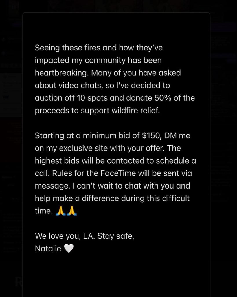 A screenshot of Natalie Mordovtseva's Instagram message, with white text on a black background.