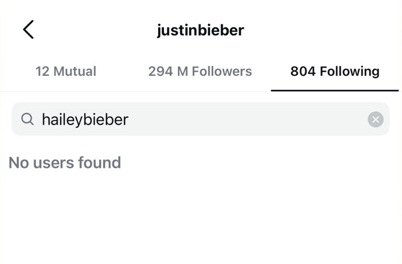 A screenshot showing that Justin Bieber was not following wife Hailey Bieber on Instagram during the second half of January 2025.