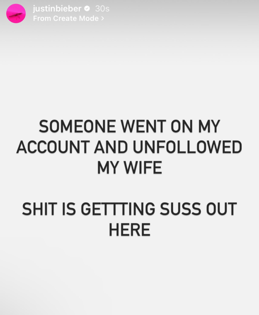 A screenshot of Justin BIeber's Instagram Story text.