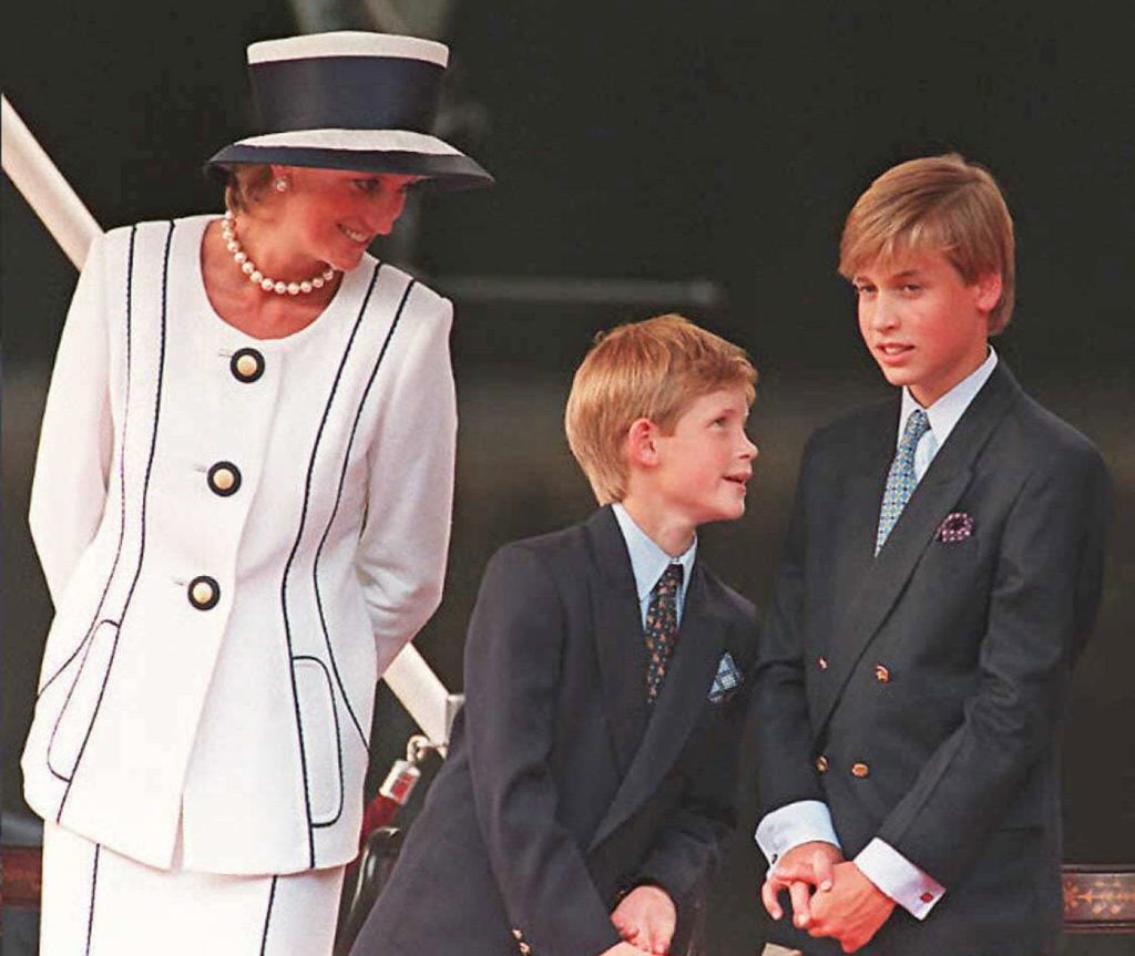 Princess Diana, Prince Harry, and Prince William gather for the commemorations of VJ Day, 19 August 1995, in London.  