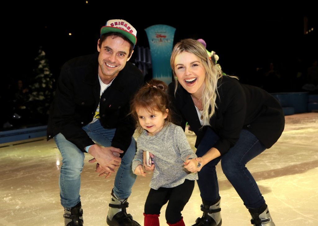 Kevin Manno, Ali Fedotowsky and daughter Molly attend Disney On Ice Presents Mickey's Search Party Holiday Celebrity Skating Event at Staples Center on December 13, 2019 in Los Angeles, California.