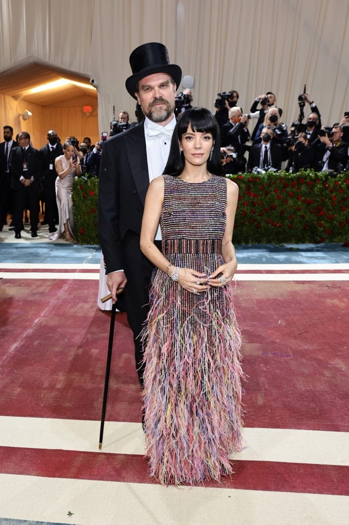 David Harbour and Lily Allen attend The 2022 Met Gala Celebrating "In America: An Anthology of Fashion" at The Metropolitan Museum of Art on May 02, 2022 in New York City.