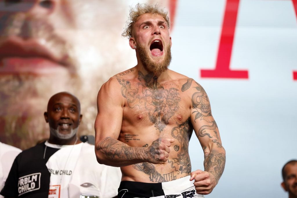 Jake Paul poses during his official weigh in at Desert Diamond Arena on October 28, 2022 in Glendale, Arizona. 