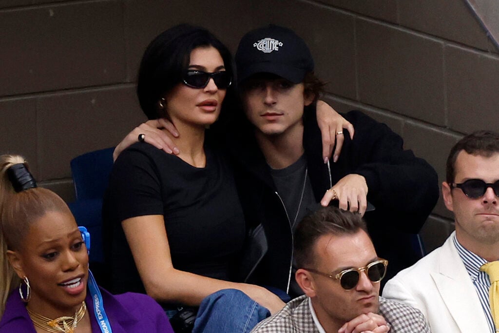 Kylie Jenner and actor TimothÃ©e Chalamet look on during the Men's Singles Final match between Novak Djokovic of Serbia and Daniil Medvedev of Russia on Day Fourteen of the 2023 US Open at the USTA Billie Jean King National Tennis Center on September 10, 2023 in the Flushing neighborhood of the Queens borough of New York City.