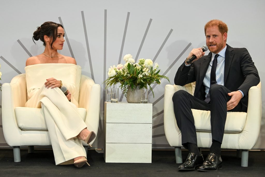 Meghan, Duchess of Sussex and Prince Harry, Duke of Sussex speak onstage at The Archewell Foundation Parentsâ Summit: Mental Wellness in the Digital Age during Project Healthy Minds' World Mental Health Day Festival 2023 at Hudson Yards on October 10, 2023 in New York City.