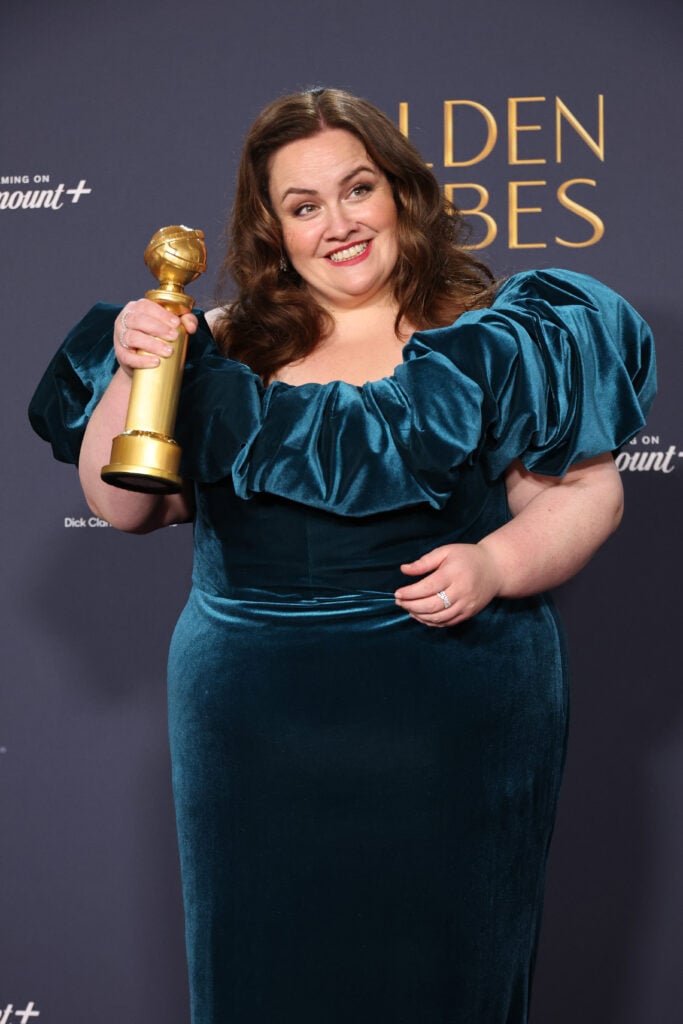 Jessica Gunning, winner of Best Performance by a Female Actor in a Supporting Role on Television award for "Baby Reindeer," poses in the press room during the 82nd Annual Golden Globe Award at The Beverly Hilton on January 05, 2025 in Beverly Hills, California. 