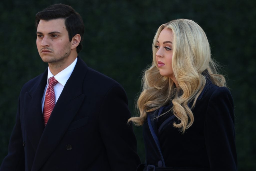 Tiffany Trump, daughter of U.S. President Donald Trump, and her husband Michael Boulos arrive for church services at St. John's Church on January 20, 2025 in Washington, DC. Donald Trump takes office for his second term as the 47th president of the United States.