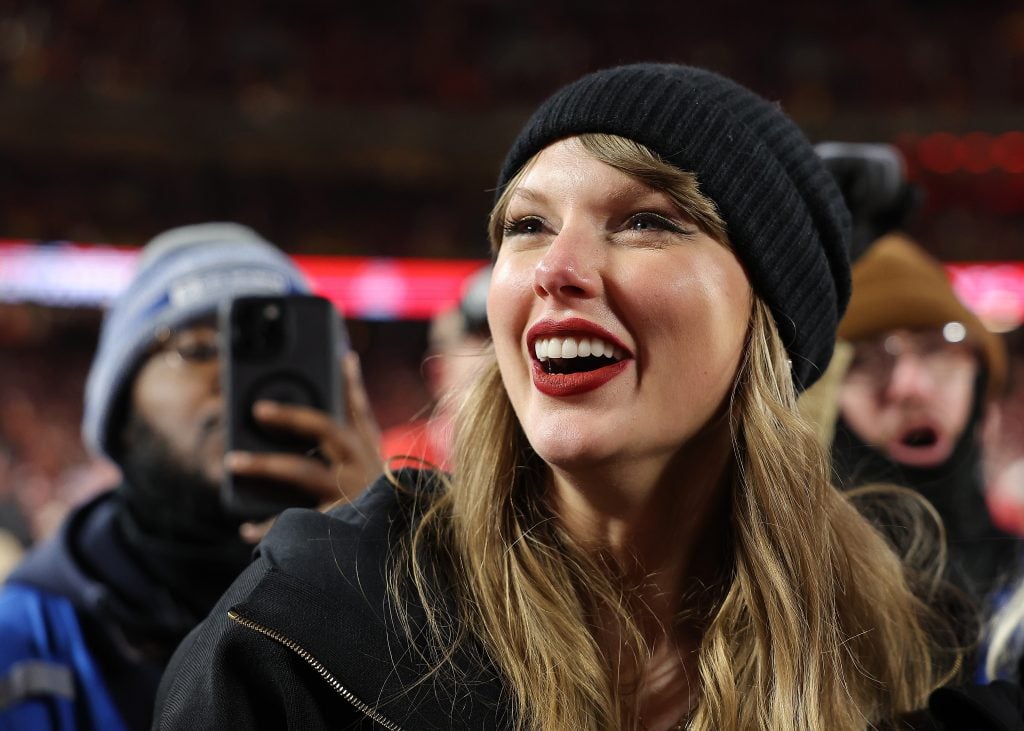 Taylor Swift reacts after the Kansas City Chiefs defeated the Buffalo Bills 32 in the AFC Championship Game at GEHA Field at Arrowhead Stadium on January 26, 2025 in Kansas City, Missouri.