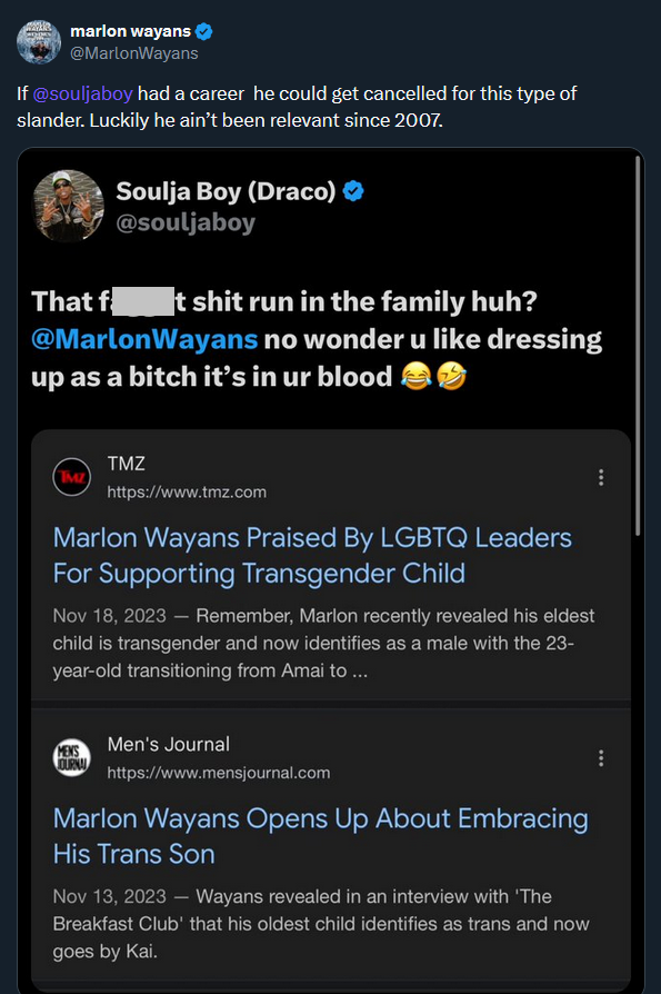 A dark mode screenshot of a tweet in which Soulja Boy uses a slur. The slur has been redacted in our screenshot.