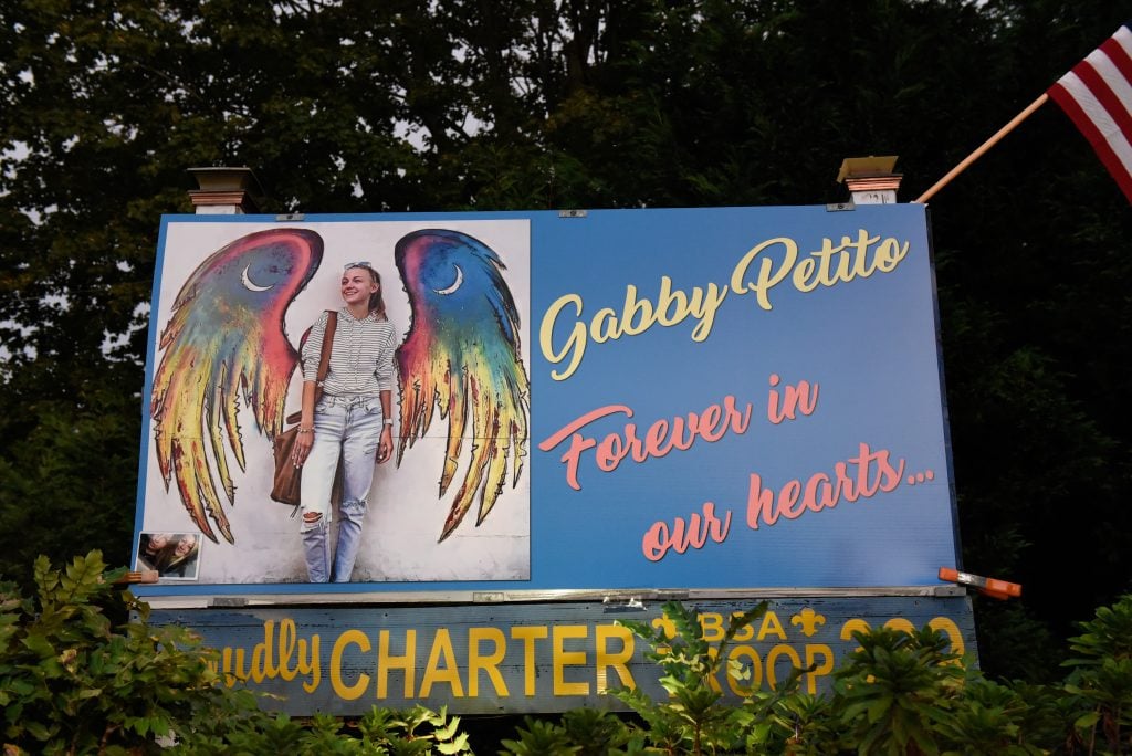 A sign memorializing Gabby Petito in her hometown.