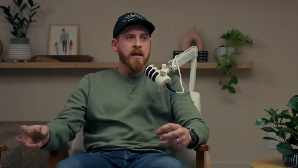 Austin Forsyth gestures on a podcast in February 2025.