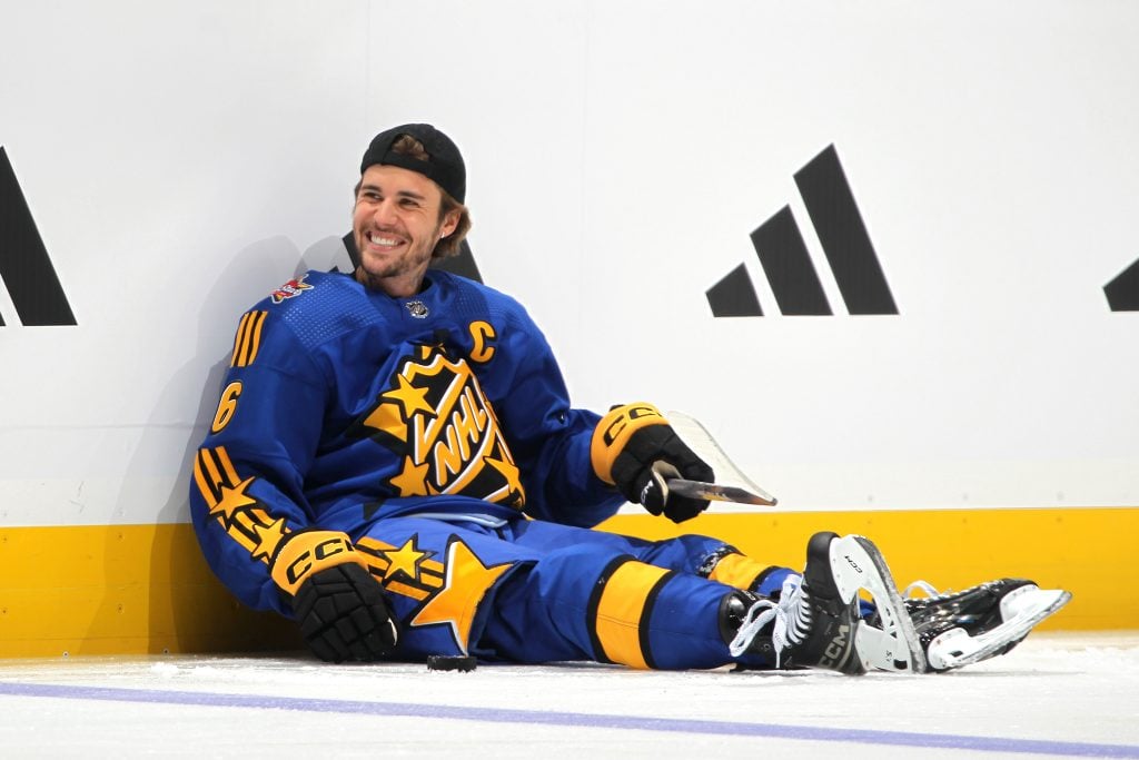 Celebrity Captain Justin Bieber of Team Matthews warms up prior to the 2024 Honda NHL All-Star Game on February 03, 2024.
