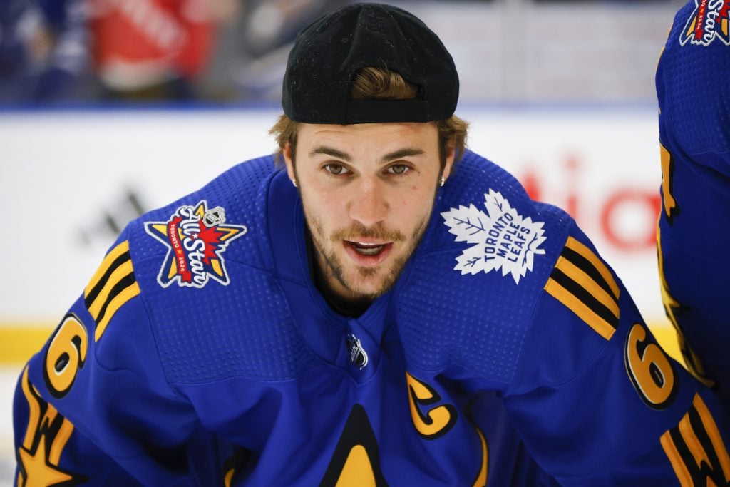 Justin Bieber plays hockey for some reason on February 3, 2024.