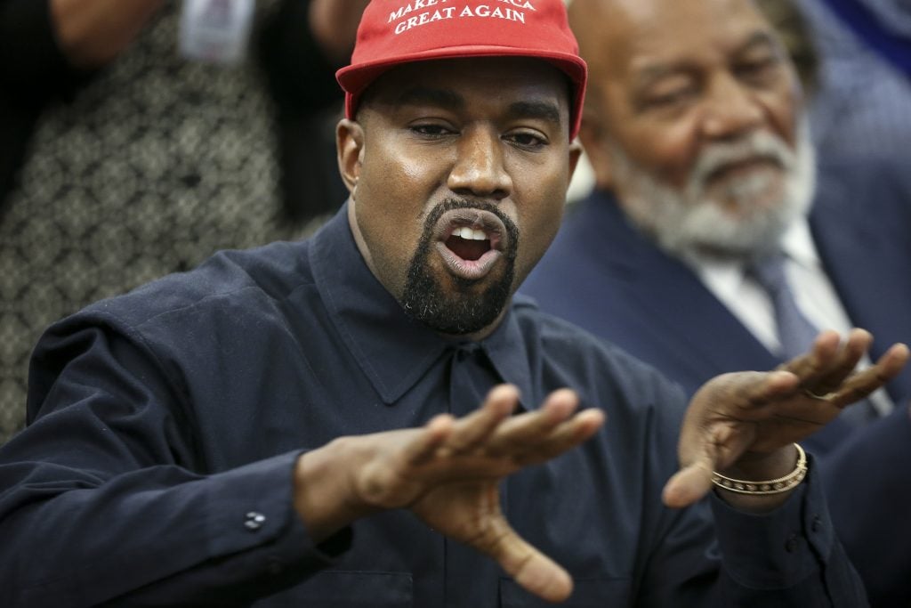 Rapper Kanye West speaks during a meeting with U.S. President Donald Trump in the Oval office of the White House on October 11, 2018 in Washington, DC.