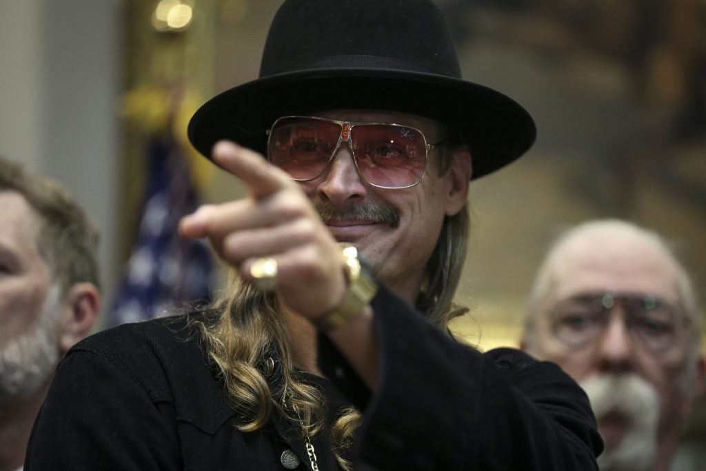 Kid Rock attends a signing ceremony as U.S. President Donald Trump signs the H.R. 1551, the 'Orrin G. Hatch-Bob Goodlatte Music Modernization Act' in the Roosevelt Room of the White House on October 11, 2018 in Washington, DC.