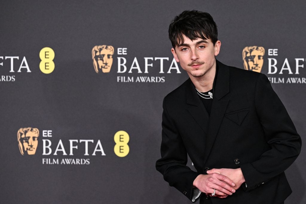 French-US actor Timothee Chalamet poses on the red carpet upon arrival at the BAFTA British Academy Film Awards at the Royal Festival Hall, Southbank Centre, in London, on February 16, 2025.
