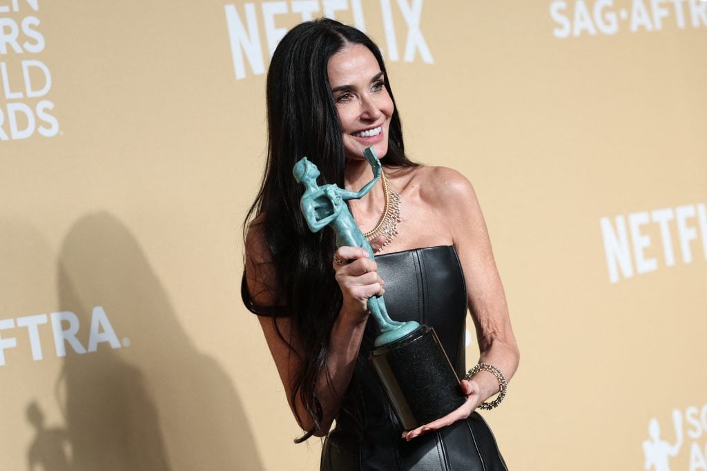 Demi Moore poses in the press room with the award for Outstanding Performance by a Female Actor in a Leading Role for "The Substance" during the 31st Annual Screen Actors Guild awards at the Shrine Auditorium in Los Angeles, February 23, 2025. 