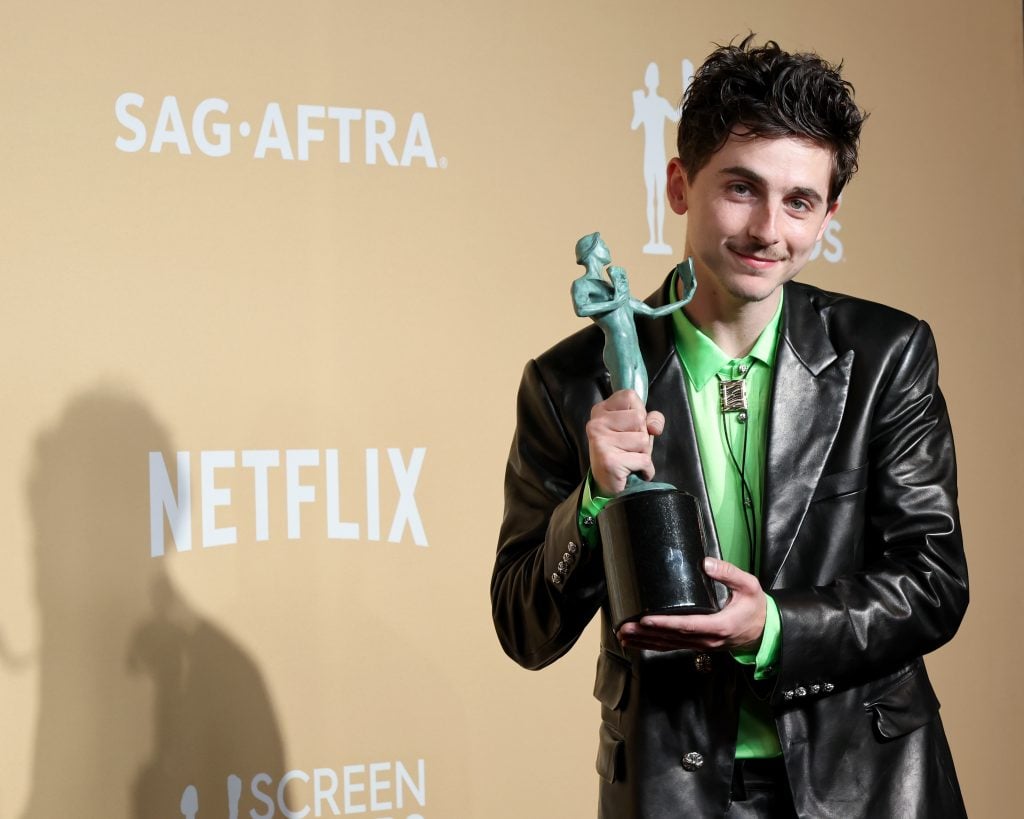 TimothÃ©e Chalamet, winner of the Outstanding Performance by a Male Actor in a Leading Role award for "A Complete Unknown," poses in the press room during the 31st Annual Screen Actors Guild Awards at Shrine Auditorium and Expo Hall on February 23, 2025 in Los Angeles, California.