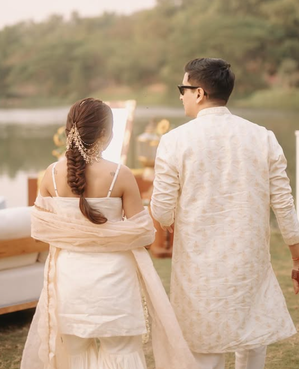 Prajakta Koli and Vrishank Khanal wear white for Haldi